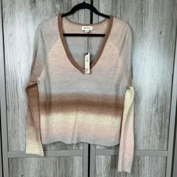 Rag Poets Sweater Medium V Neckline Striped Brown Cream Ivory Sz M NEW - Picture 1 of 8